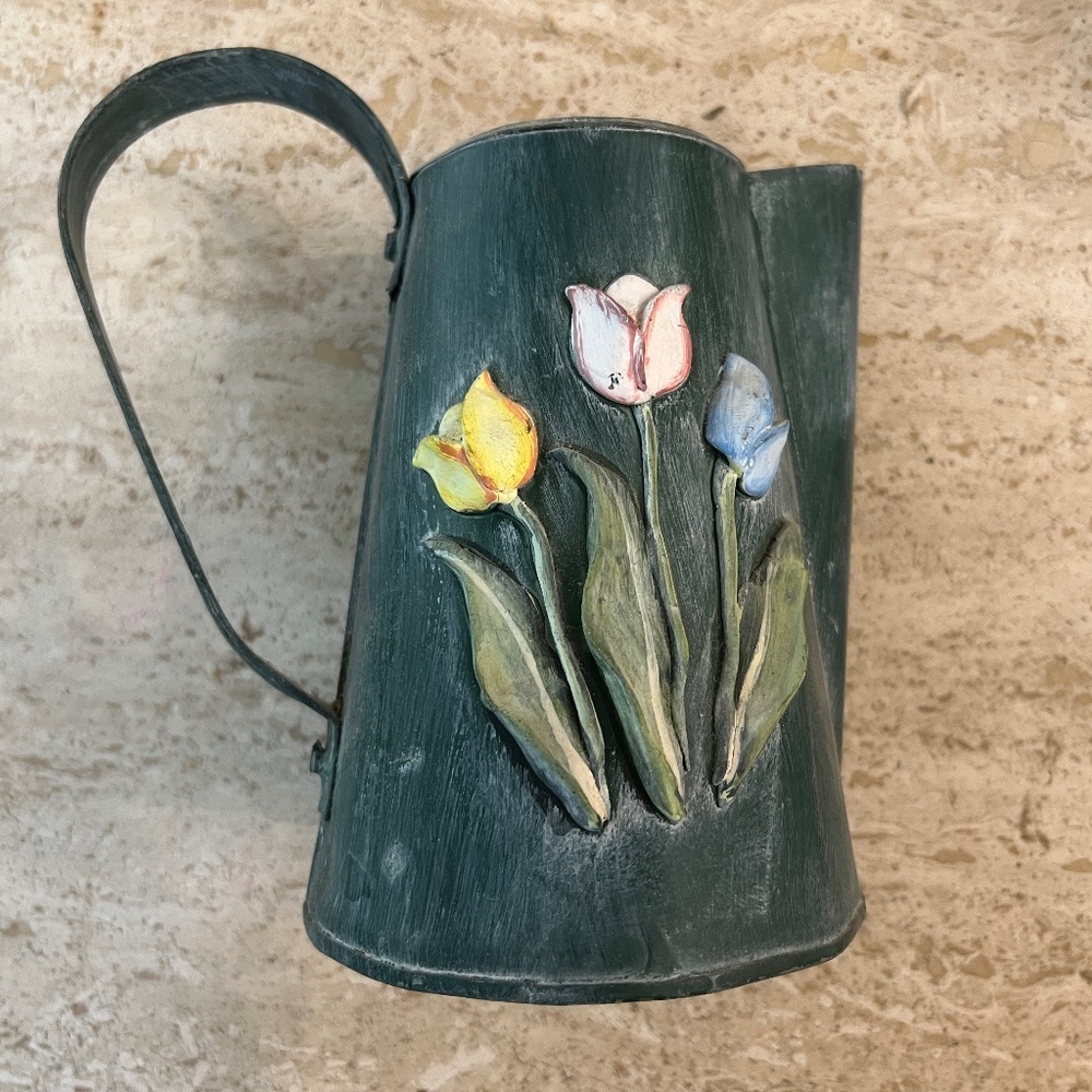 Vintage Metal Pitcher with 3D Flower Decoration